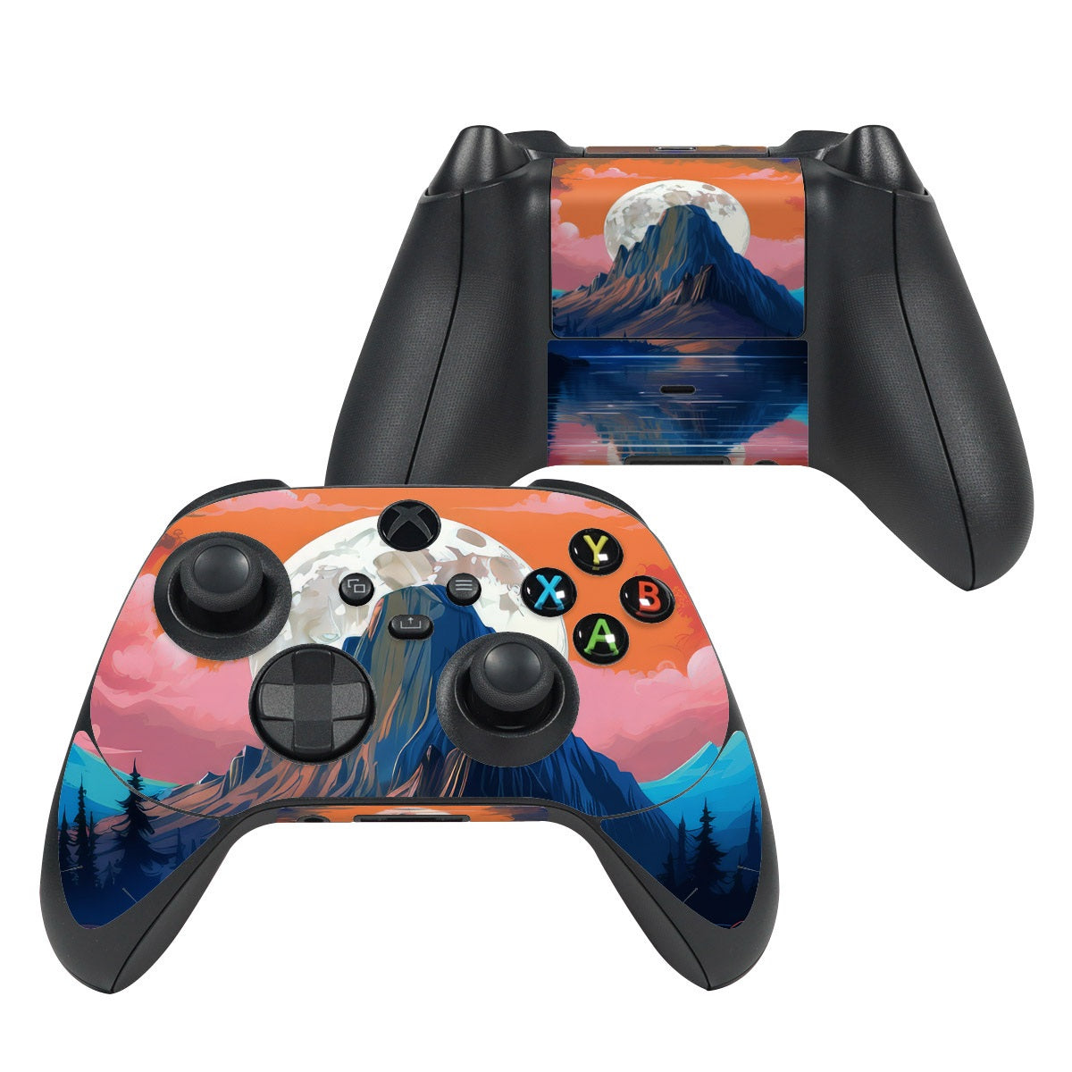 Gaming controller with a mountain and lake design on a white background