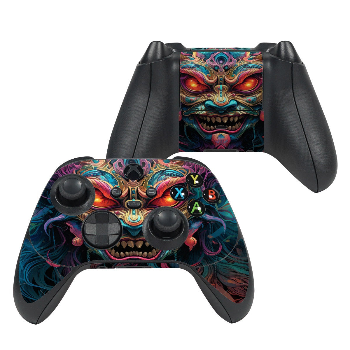 Gaming controller with a colorful, detailed design on a white background