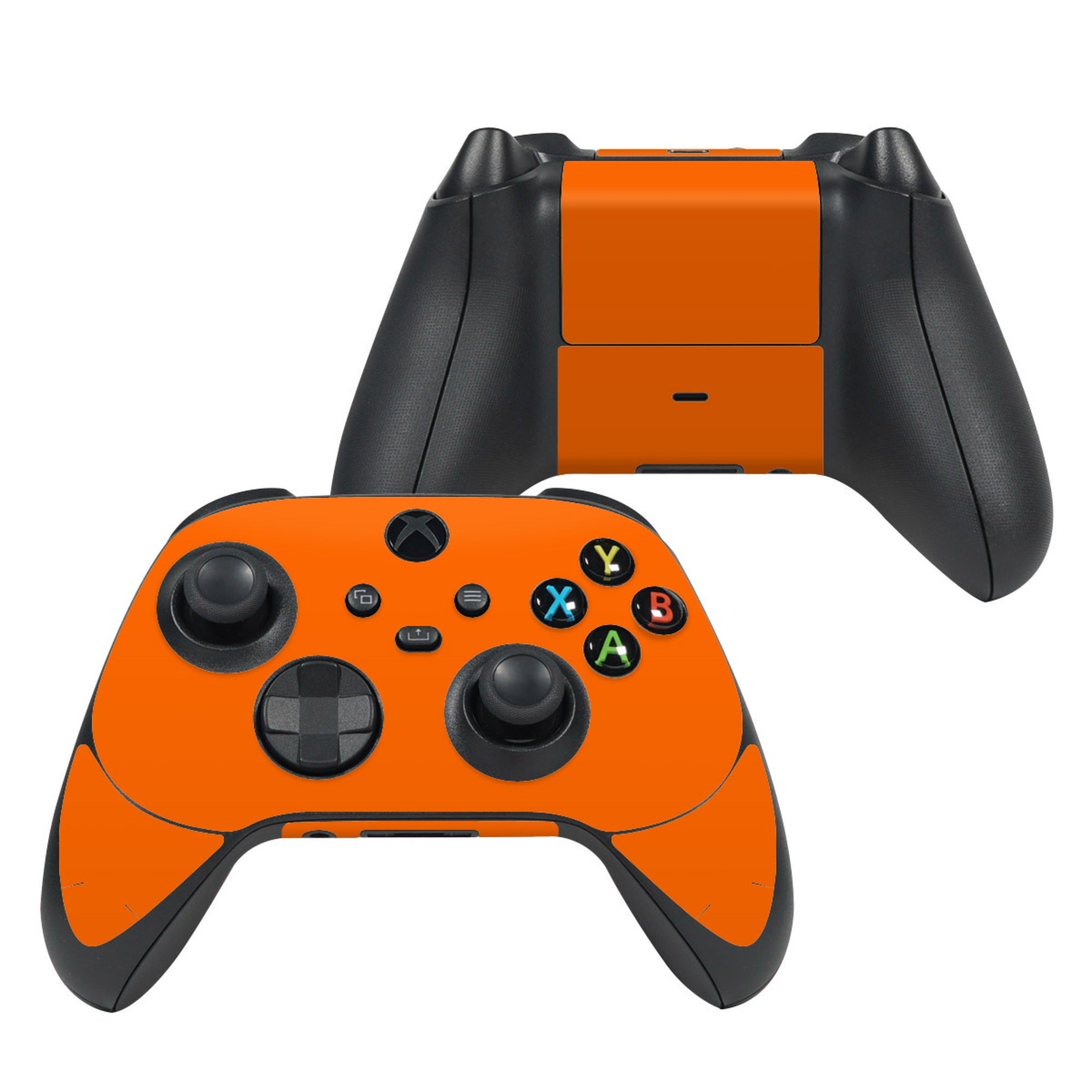 Orange and black gaming controller on a white background