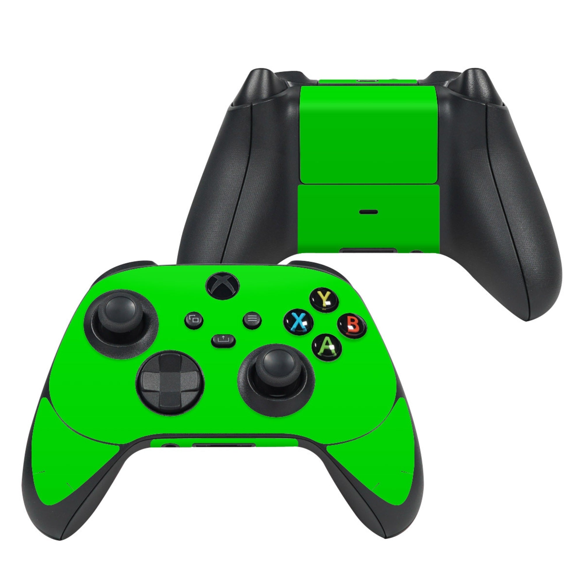 Green and black gaming controllers on a white background