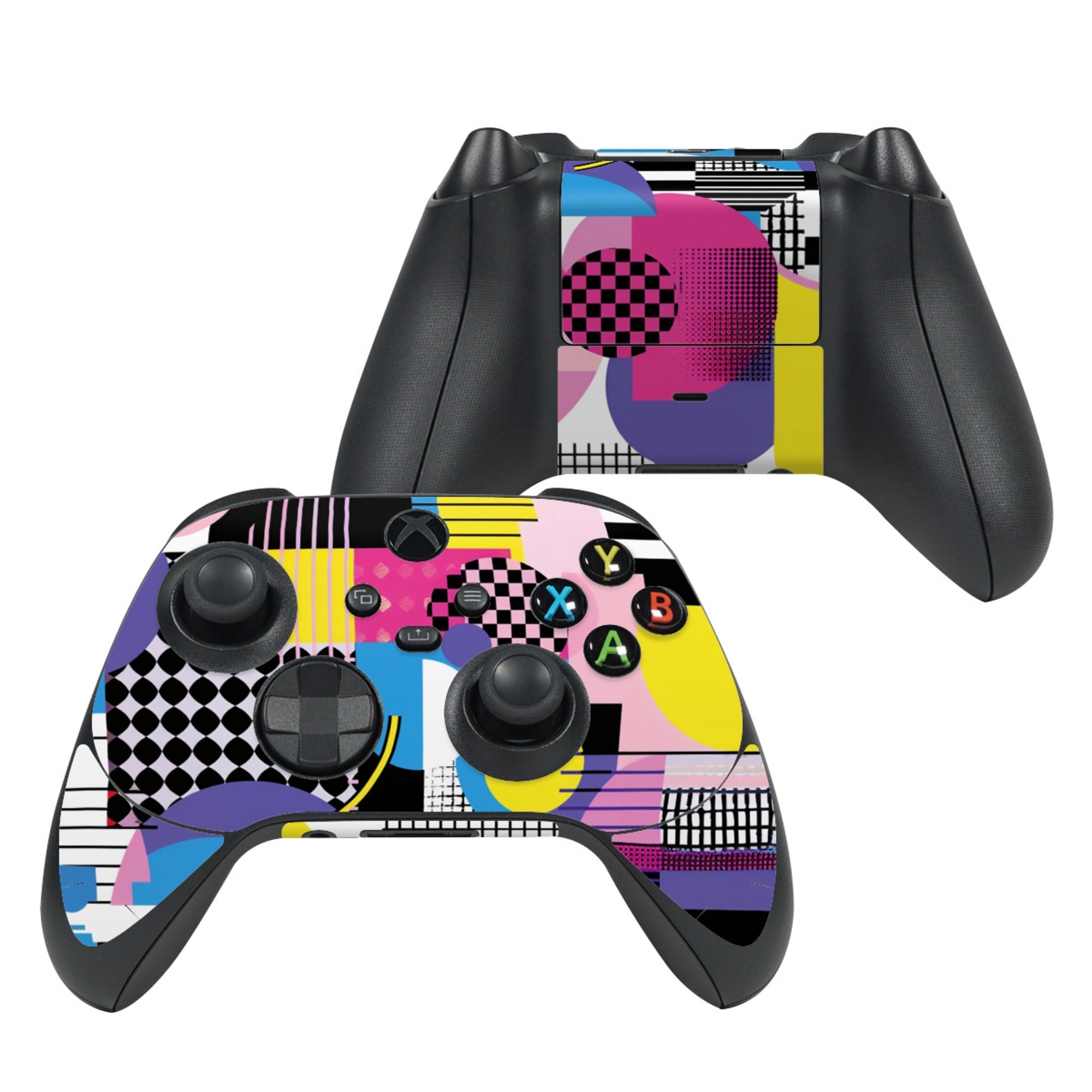 Gaming controller with a colorful abstract pattern on a white background