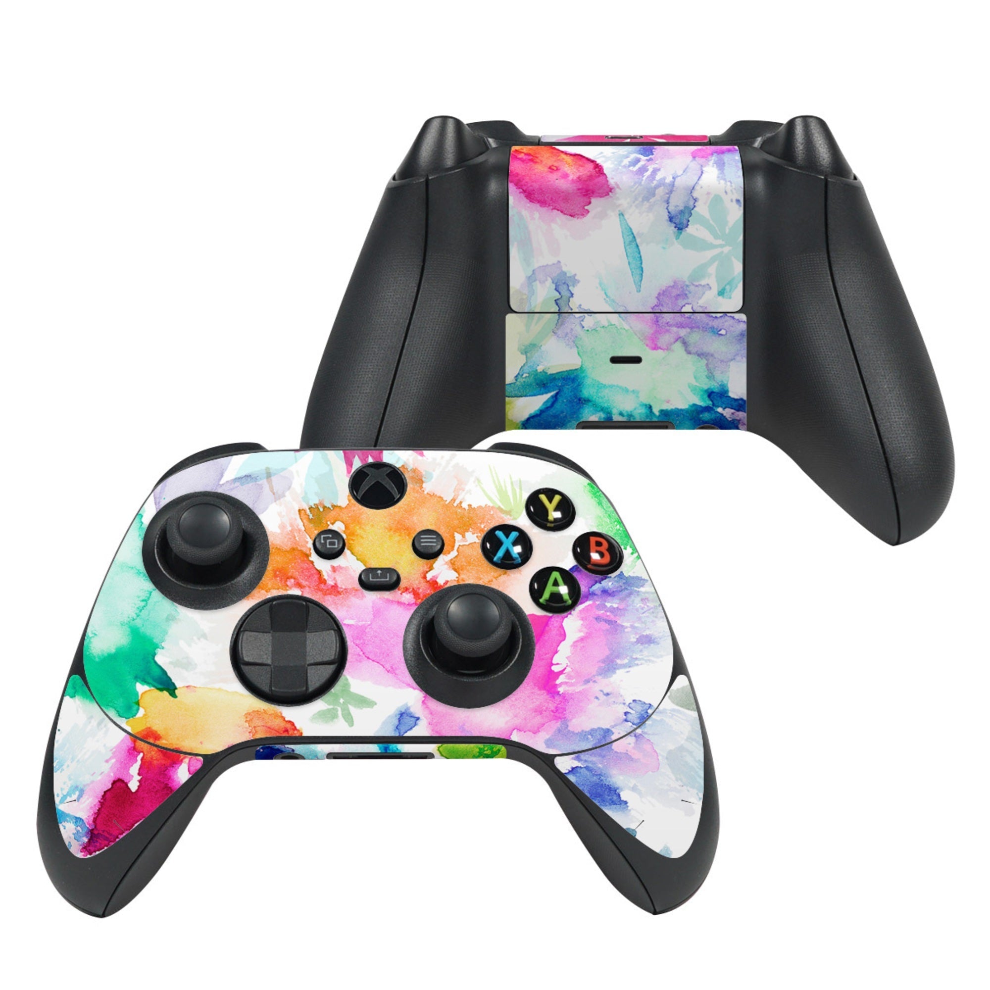 Gaming controller with colorful watercolor skin on a white background