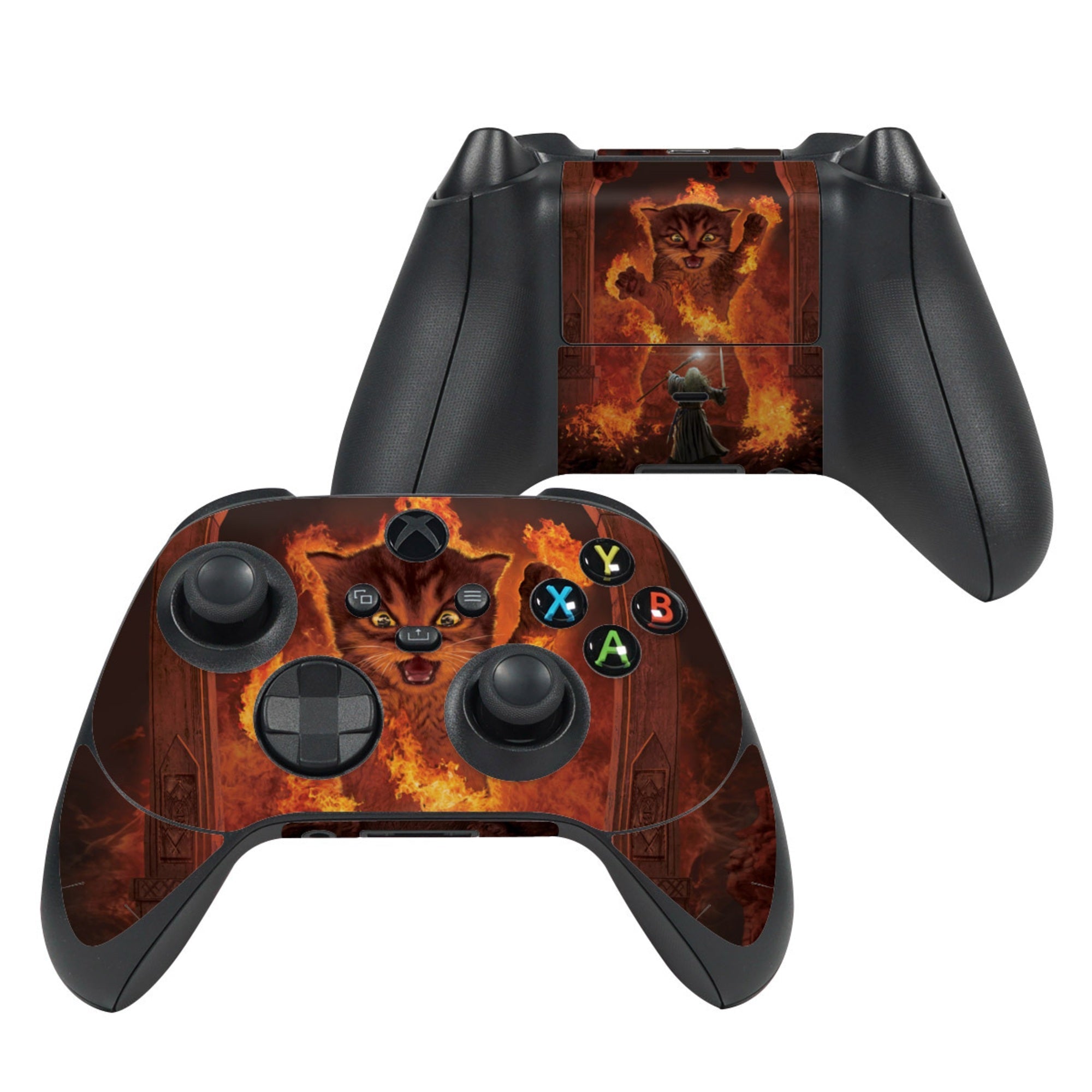 Gaming controller with a fiery cat design on a white background