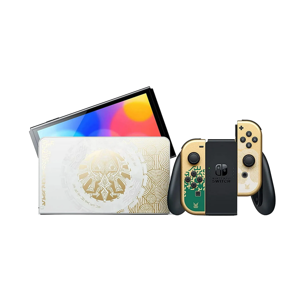 Nintendo Switch console with a colorful screen and gold controller on a white background